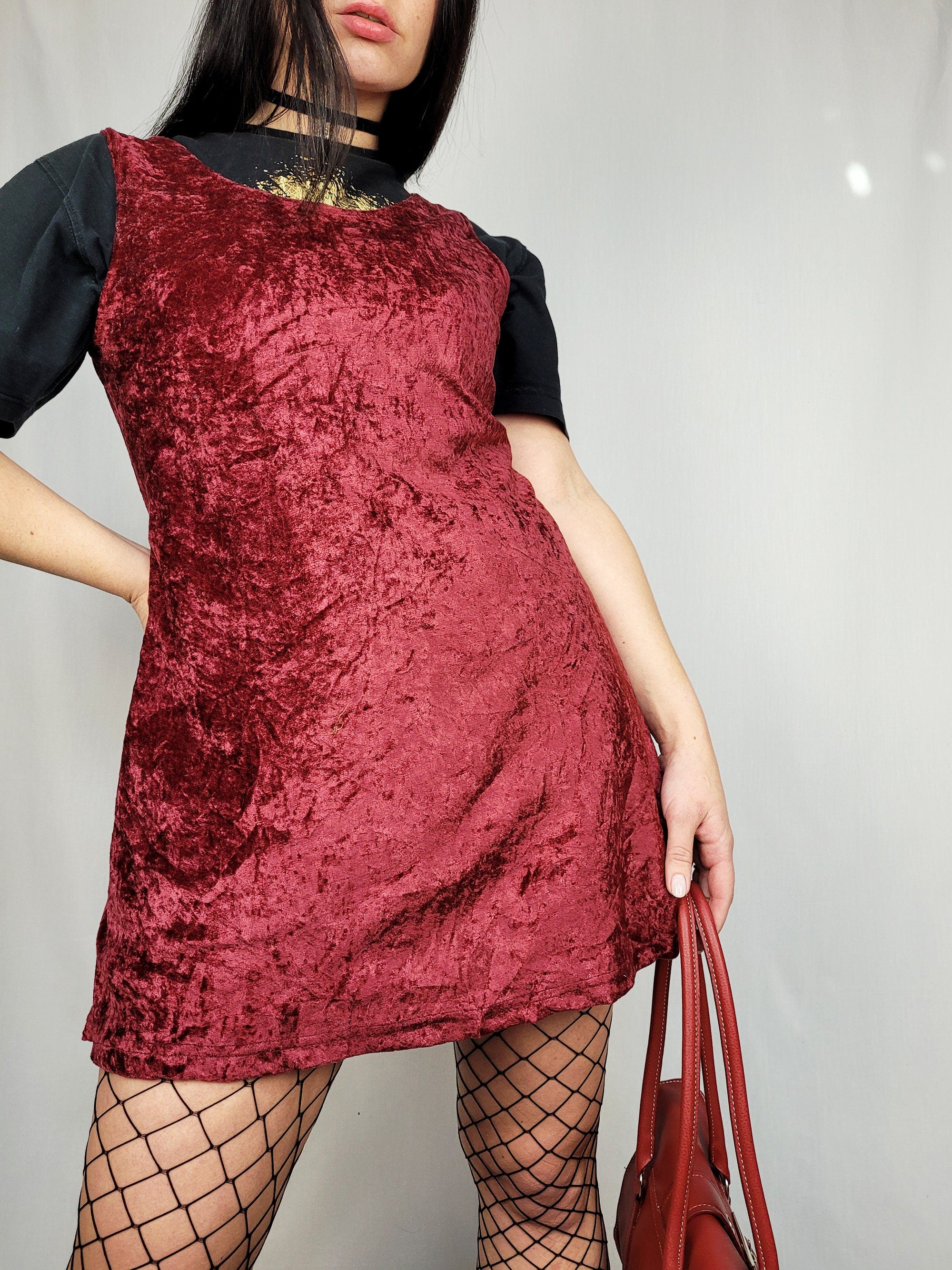 Vintage 90s grunge burgundy velvet minimalist mini dress Mellina Vintage Vintage 90s grunge burgundy velvet minimalist mini dress Mellina Vintage