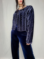 Load image into Gallery viewer, Vintage 90s dark blue velveteen buttons down Boho blouse top
