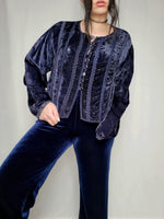 Load image into Gallery viewer, Vintage 90s dark blue velveteen buttons down Boho blouse top
