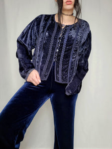 Vintage 90s dark blue velveteen buttons down Boho blouse top