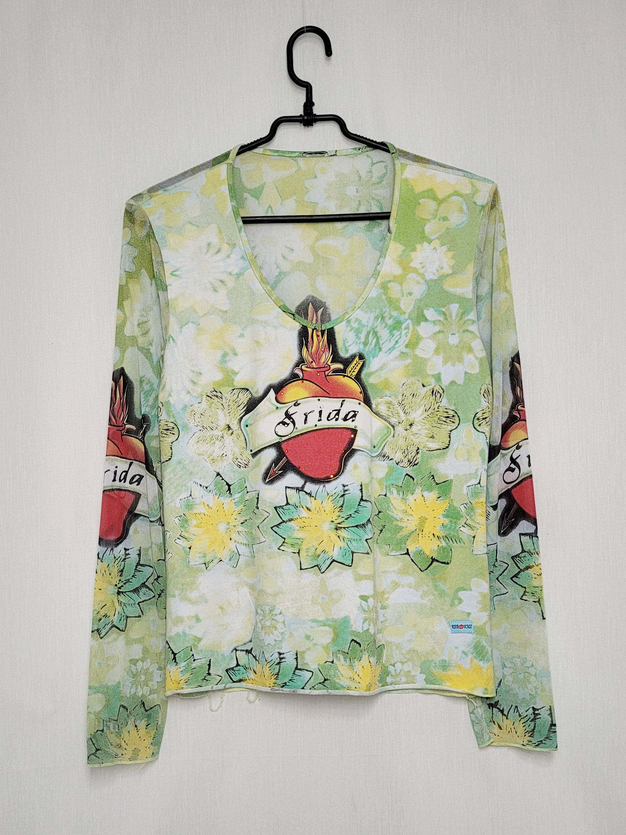 Vintage 00s Y2K pastel heart print mesh top blouse