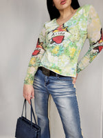 Load image into Gallery viewer, Vintage 00s Y2K pastel heart print mesh top blouse
