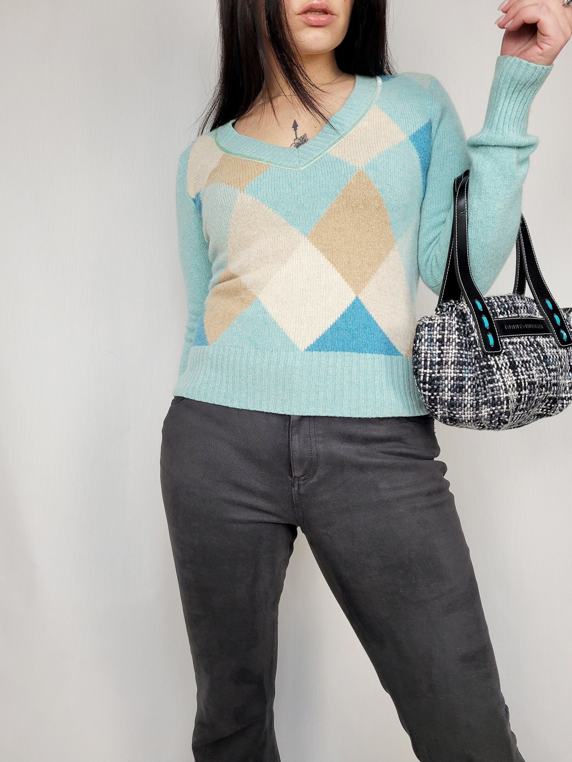 Vintage 90s ESPRIT woolen pastel blue argyle print jumper