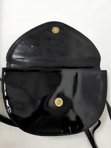 Vintage 80s black glossy mini round cross body bag