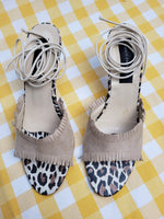 Load image into Gallery viewer, Vintage 00s Y2K beige suede fringed lace up heeled sandals
