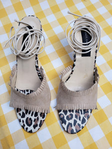 Vintage 00s Y2K beige suede fringed lace up heeled sandals