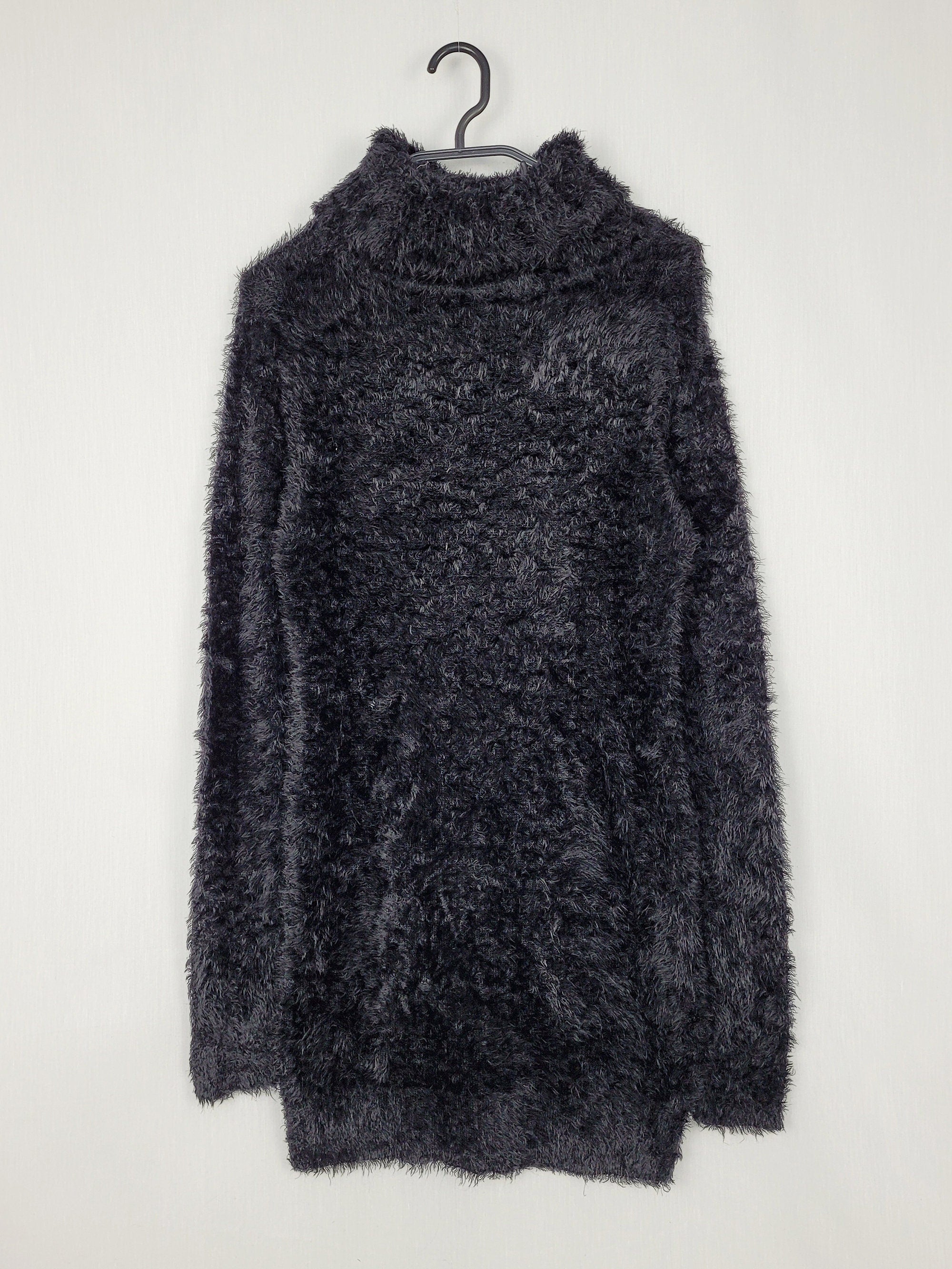 Vintage 90s black furry fluffy knit long sleeve mini dress