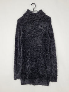 Vintage 90s black furry fluffy knit long sleeve mini dress