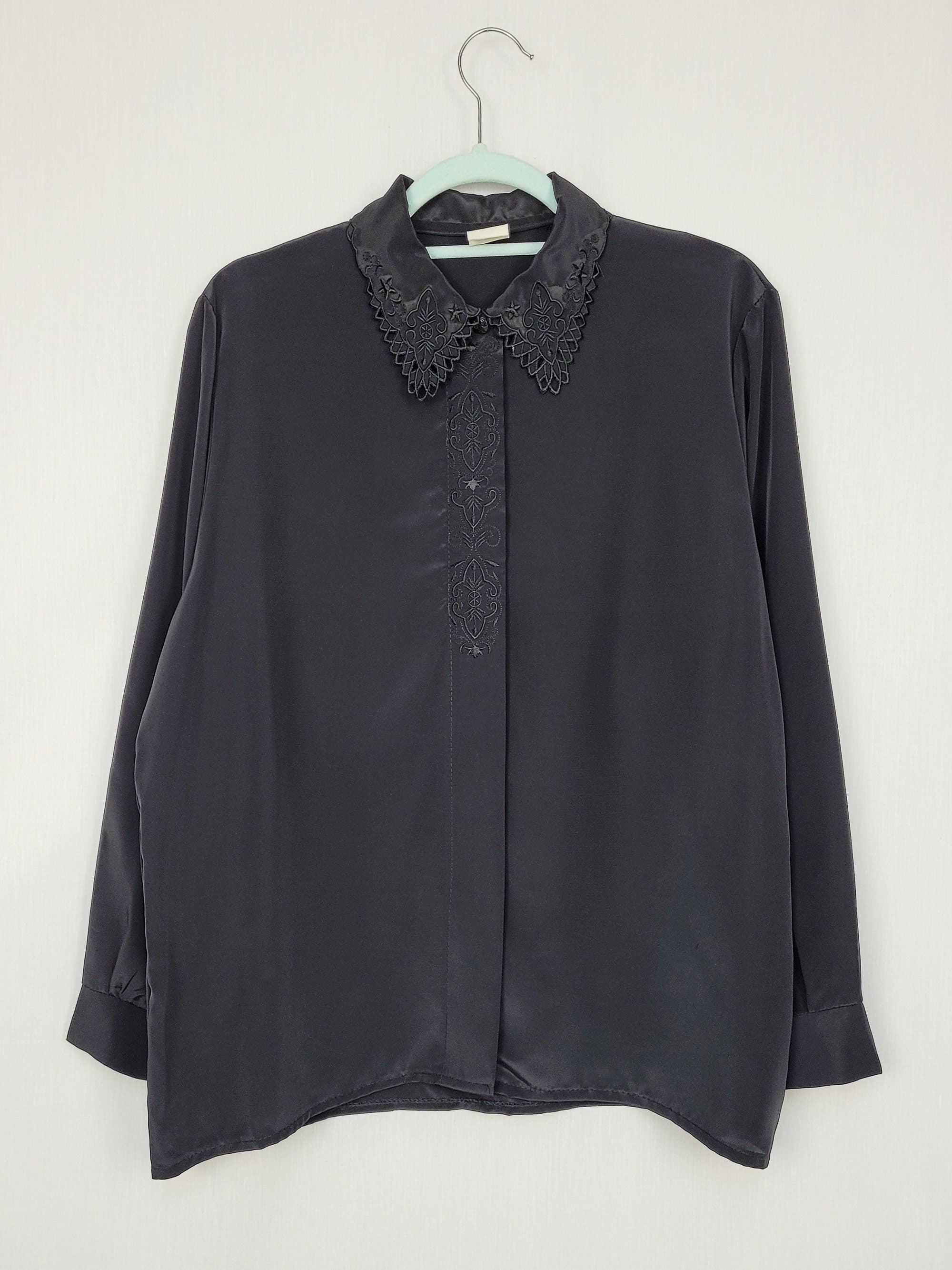 Vintage 80s black silky lace collar smart casual blouse top