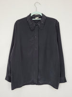 Load image into Gallery viewer, Vintage 80s black silky lace collar smart casual blouse top
