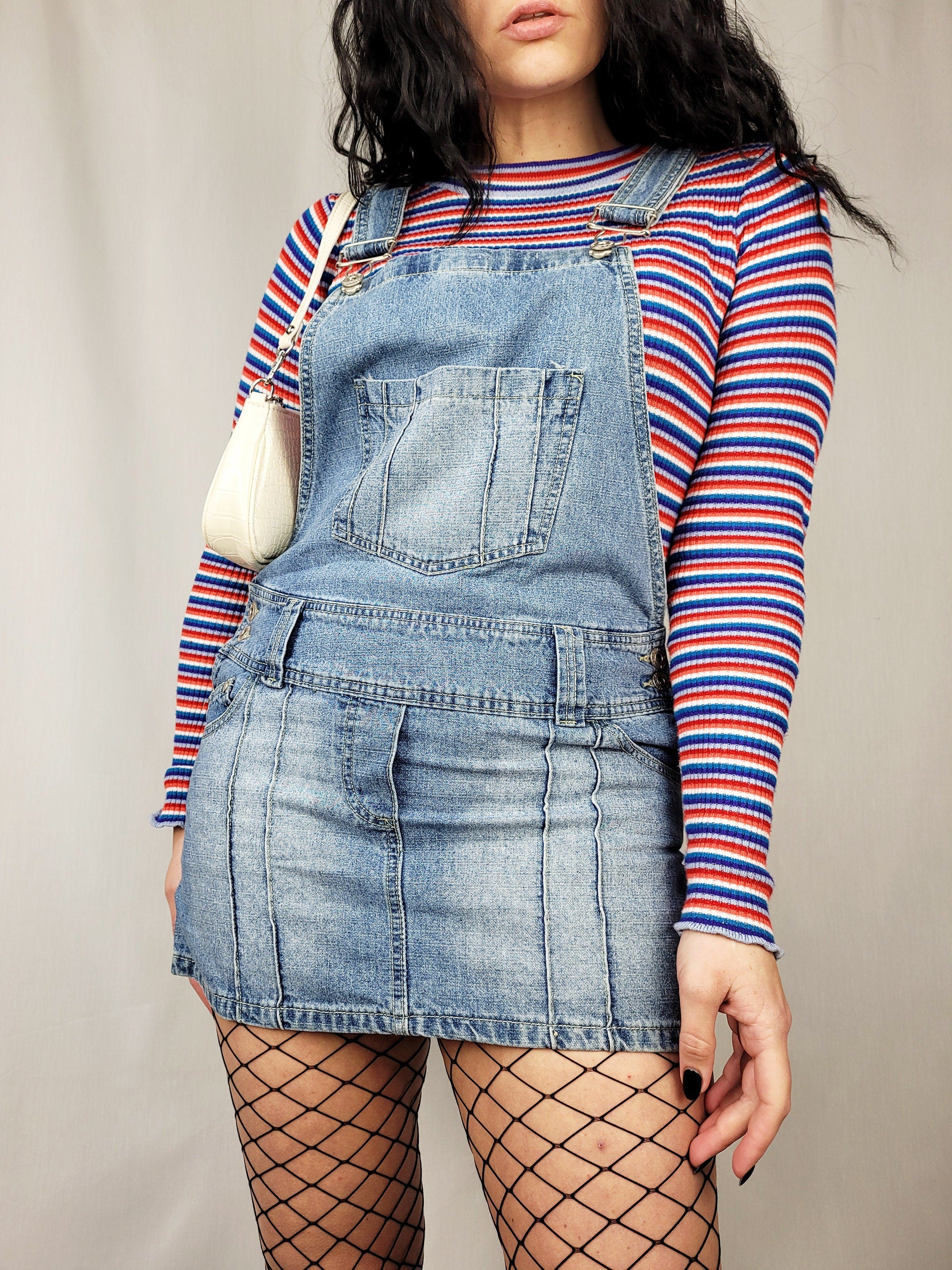 90s vintage blue denim dungarees mini dress