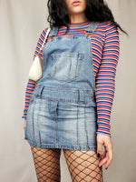 Load image into Gallery viewer, 90s vintage blue denim dungarees mini dress
