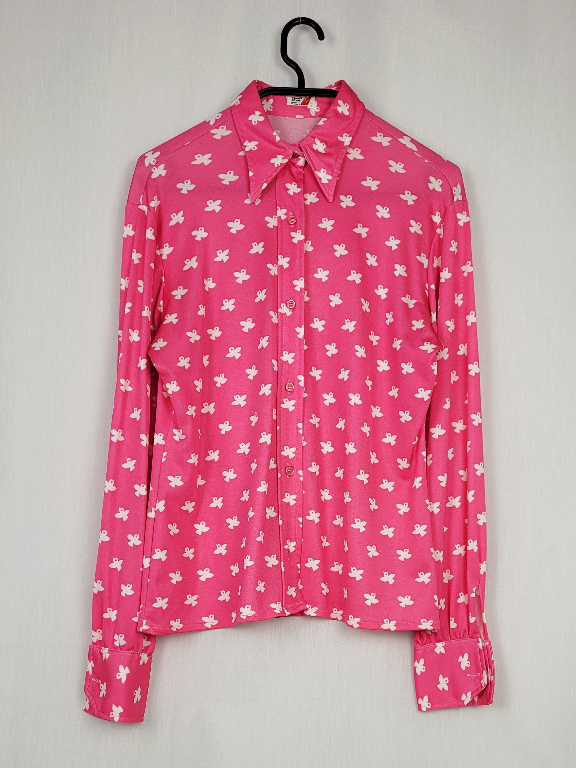 Vintage 70s pink Bird print petite shirt blouse