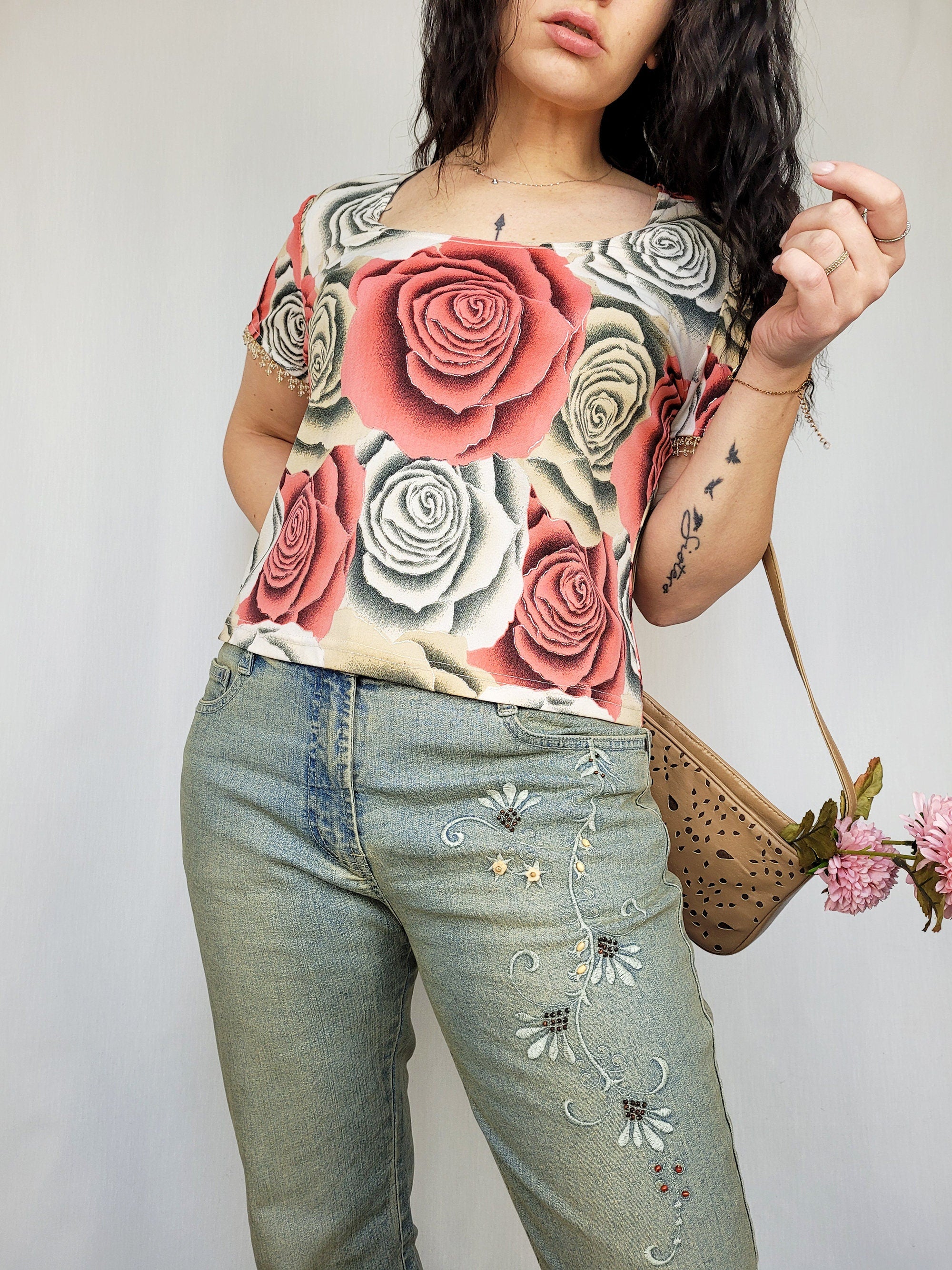 Vintage 90s roses print minimalist top blouse