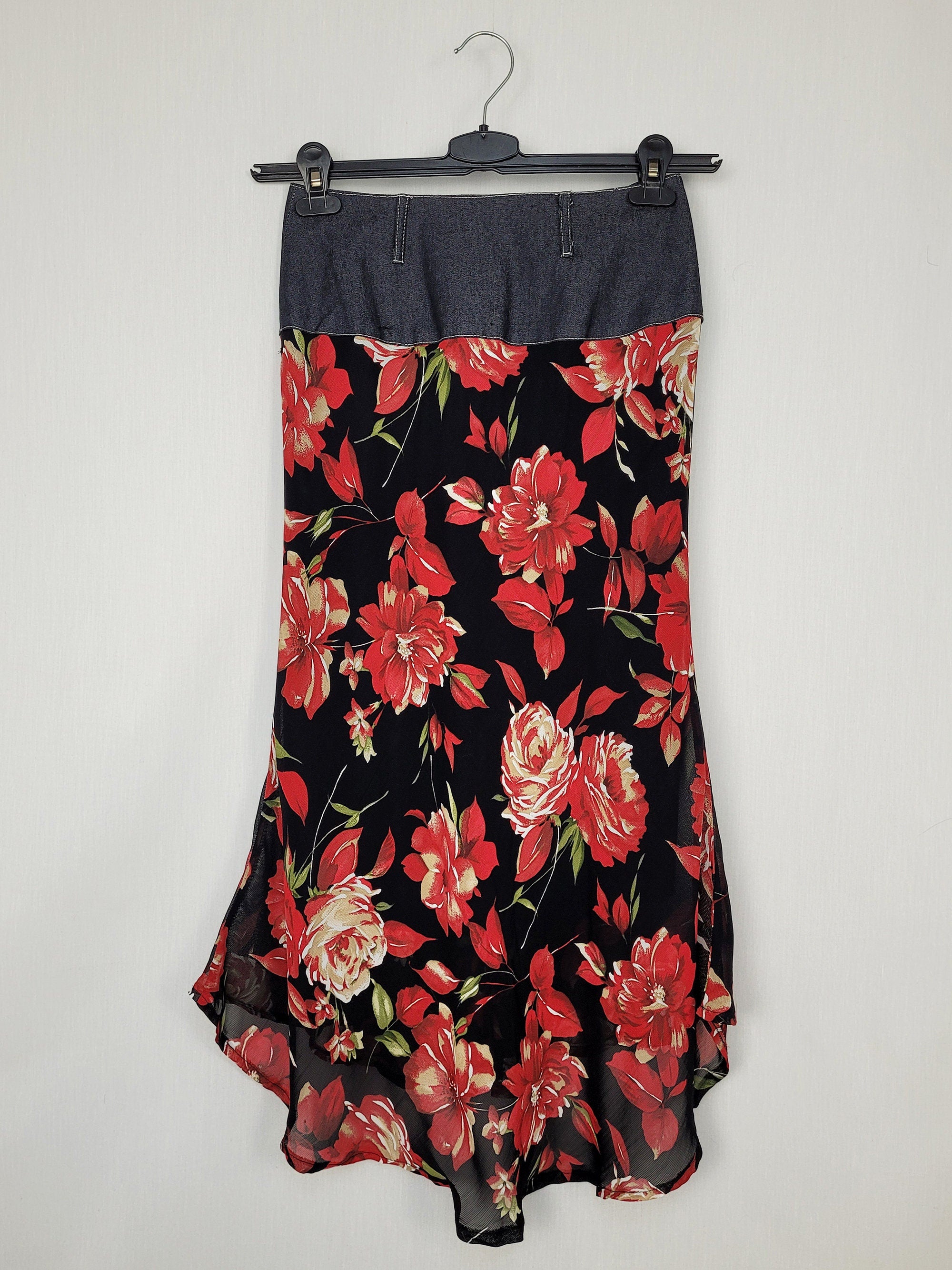 Vintage 00s roses print chiffon asymmetric skirt