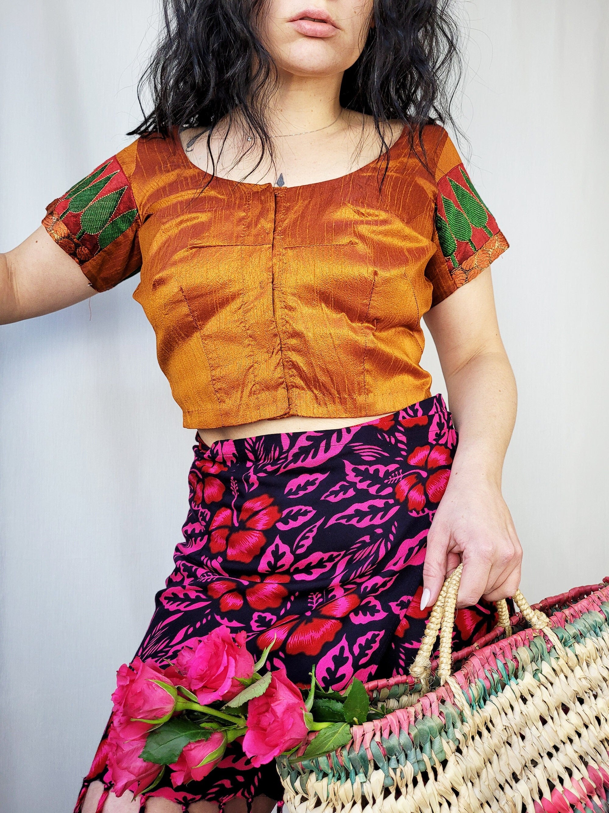 Vintage 90s orange folk handmade crop top