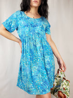 Load image into Gallery viewer, Vintage 90s blue bohemian floral print minimalist mini dress
