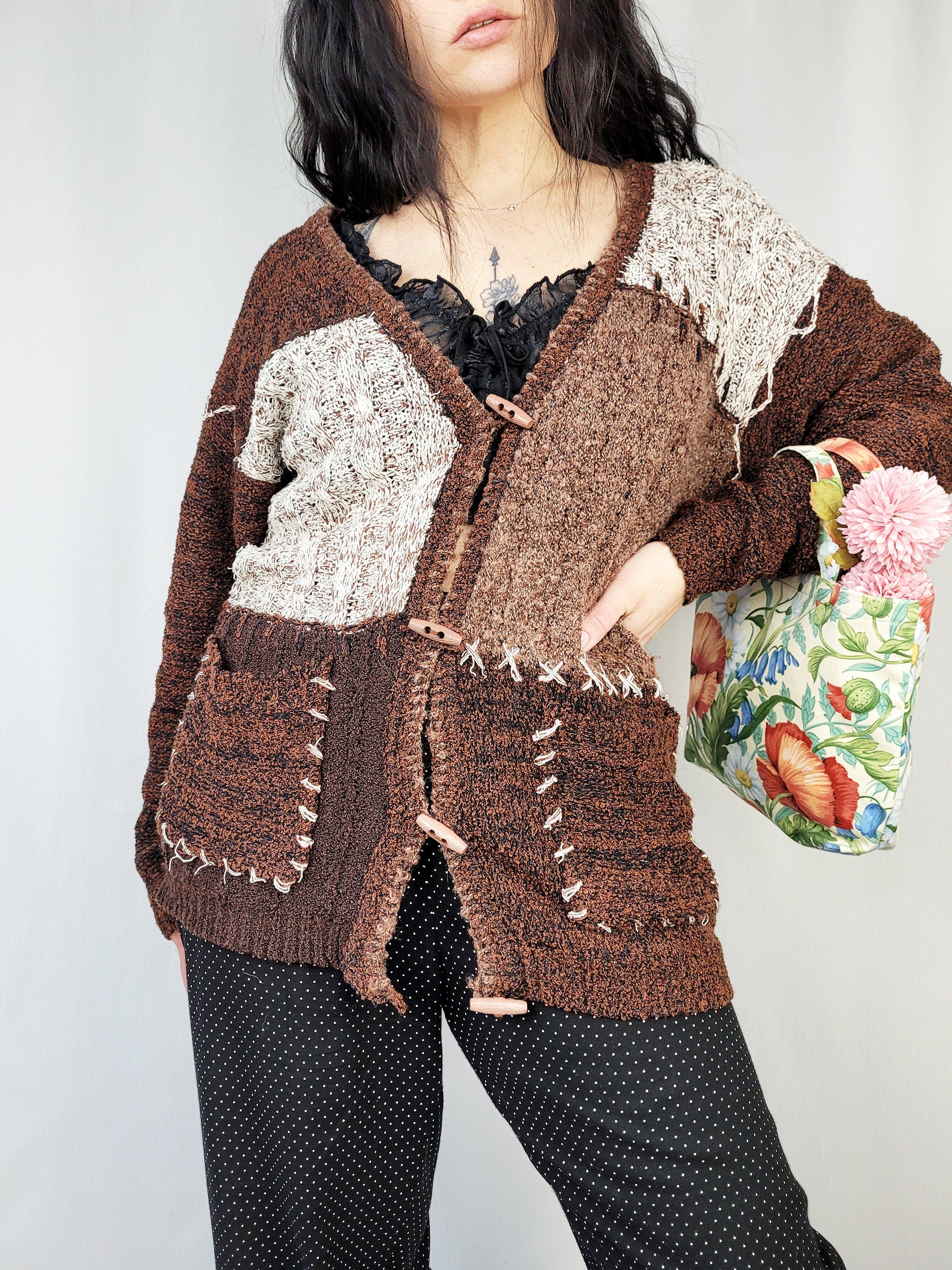 Vintage 90s brown abstract print oversize cardigan