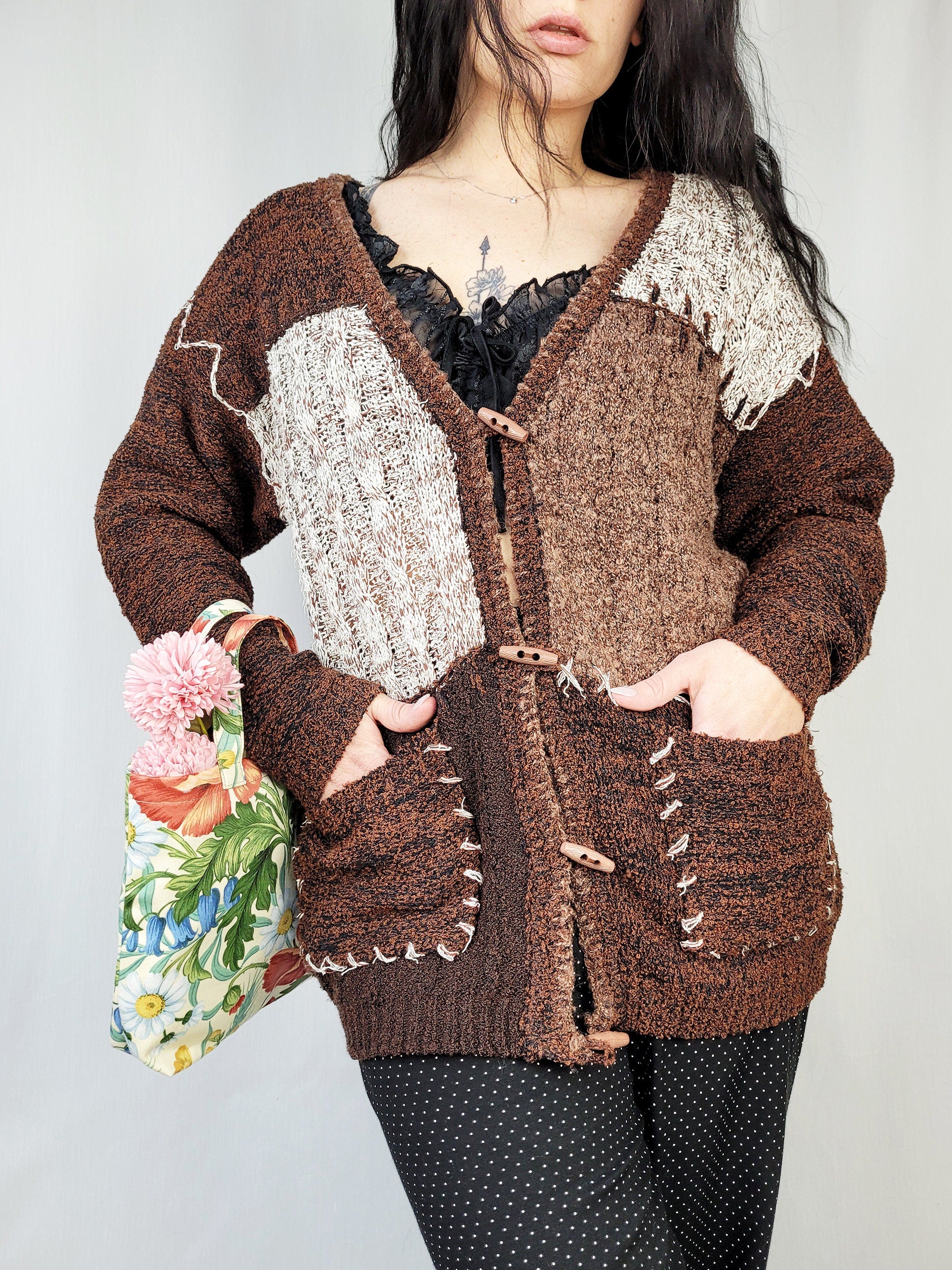 Vintage 90s brown abstract print oversize cardigan