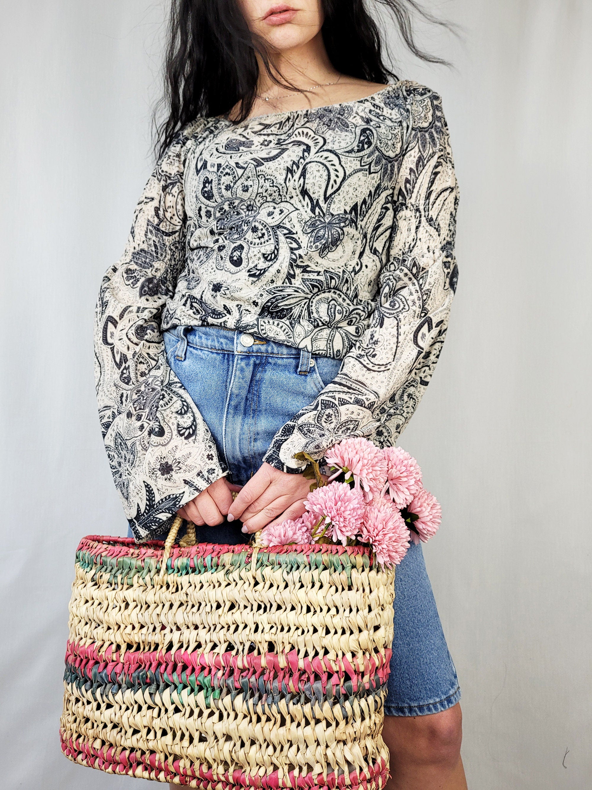 Vintage 90s grey abstract paisley print flare sleeve top