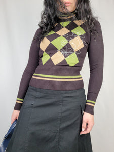 Vintage 90s brown argyle print turtleneck jumper