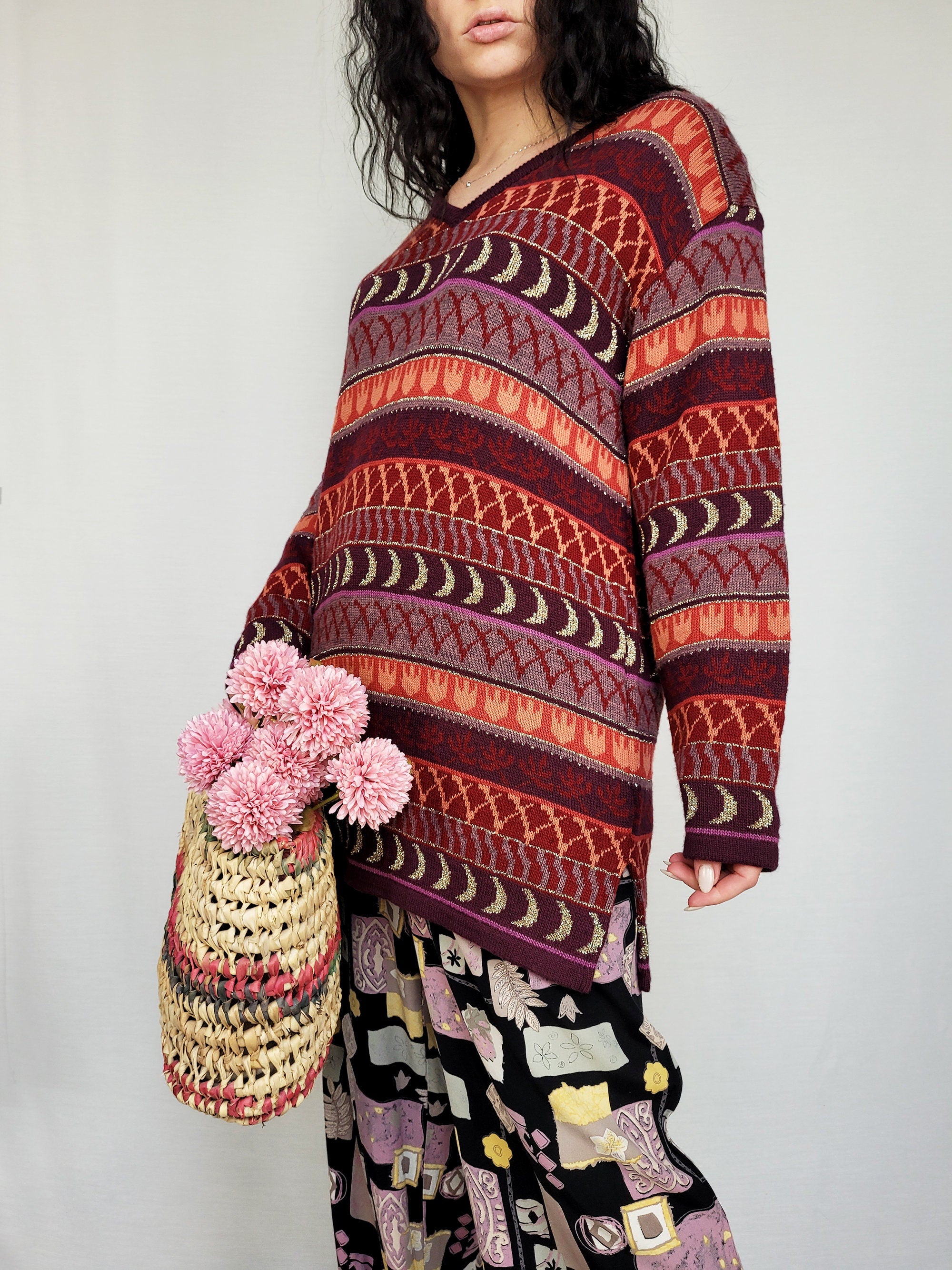 Vintage 90s Fair isle abstract burgundy knitted jumper top