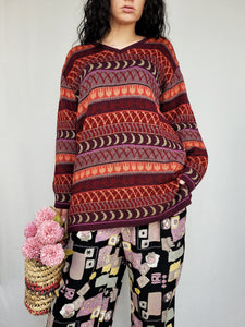 Vintage 90s Fair isle abstract burgundy knitted jumper top