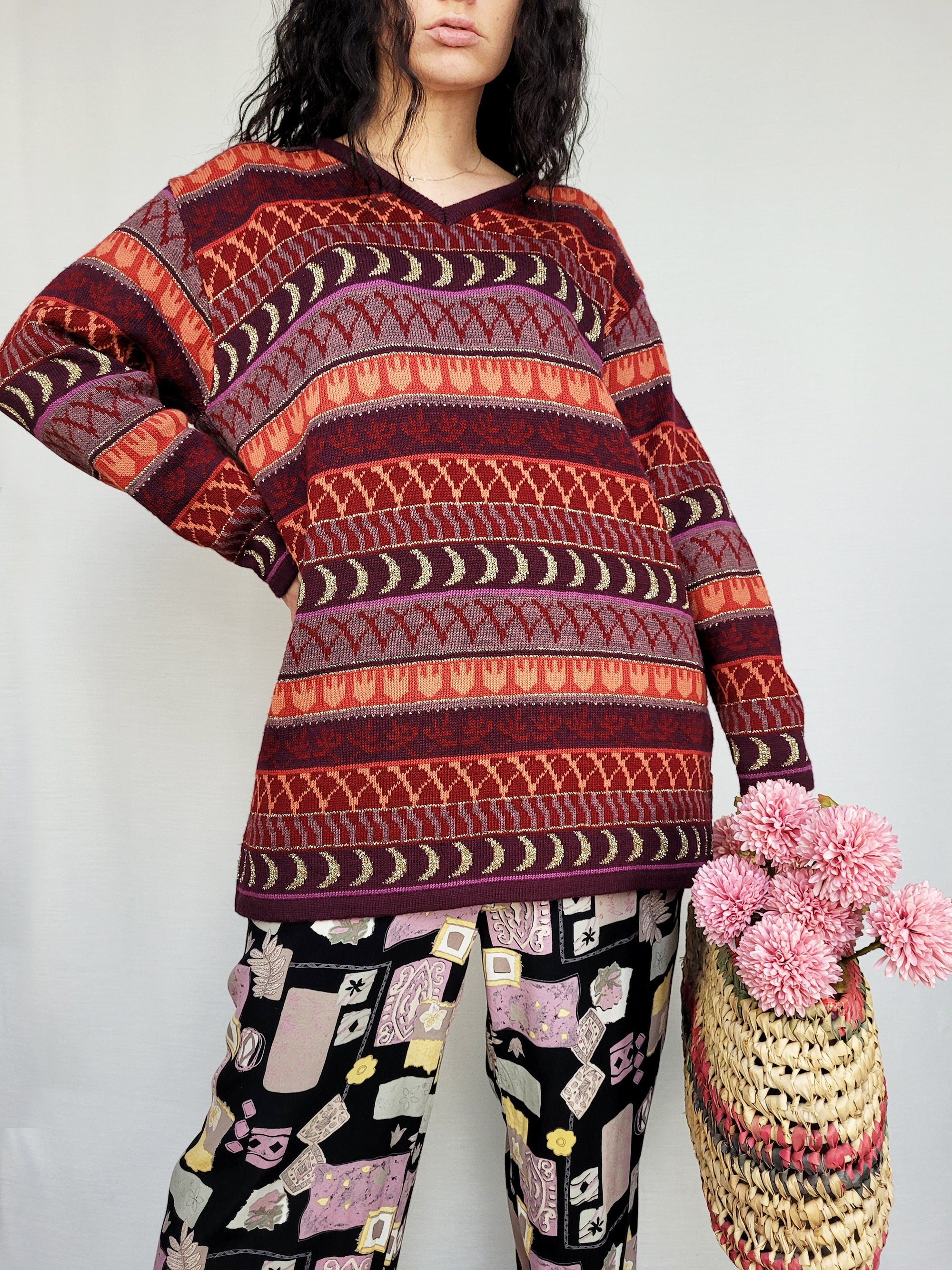 Vintage 90s Fair isle abstract burgundy knitted jumper top