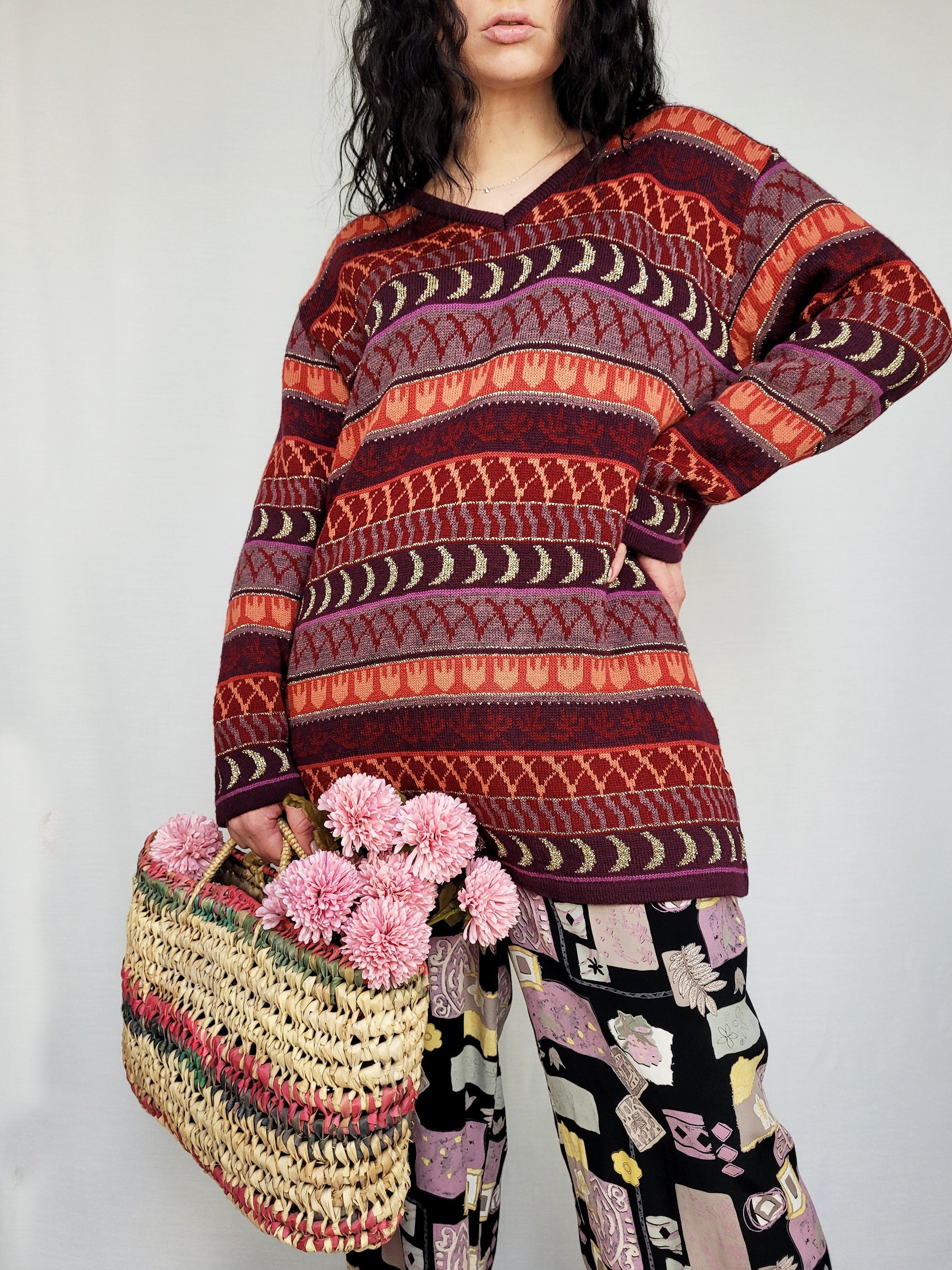 Vintage 90s Fair isle abstract burgundy knitted jumper top