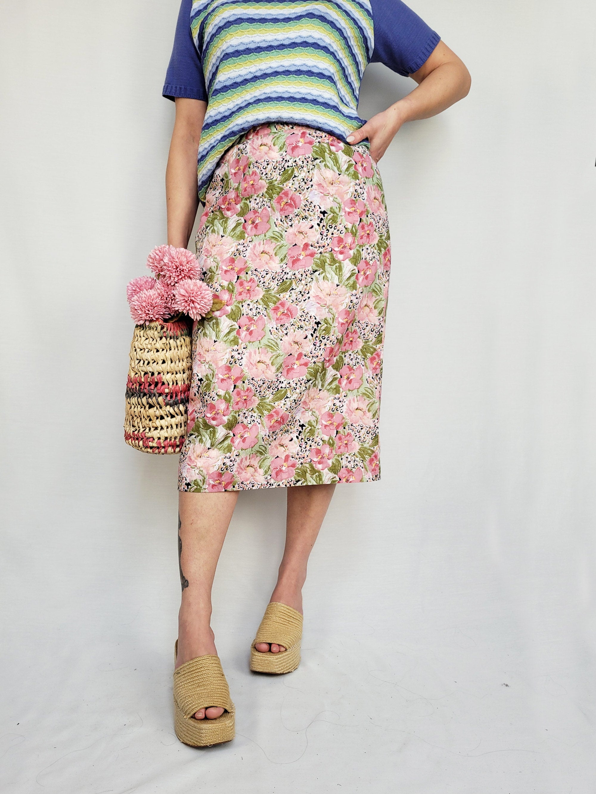 Vintage 80s pastel floral midi pencil skirt