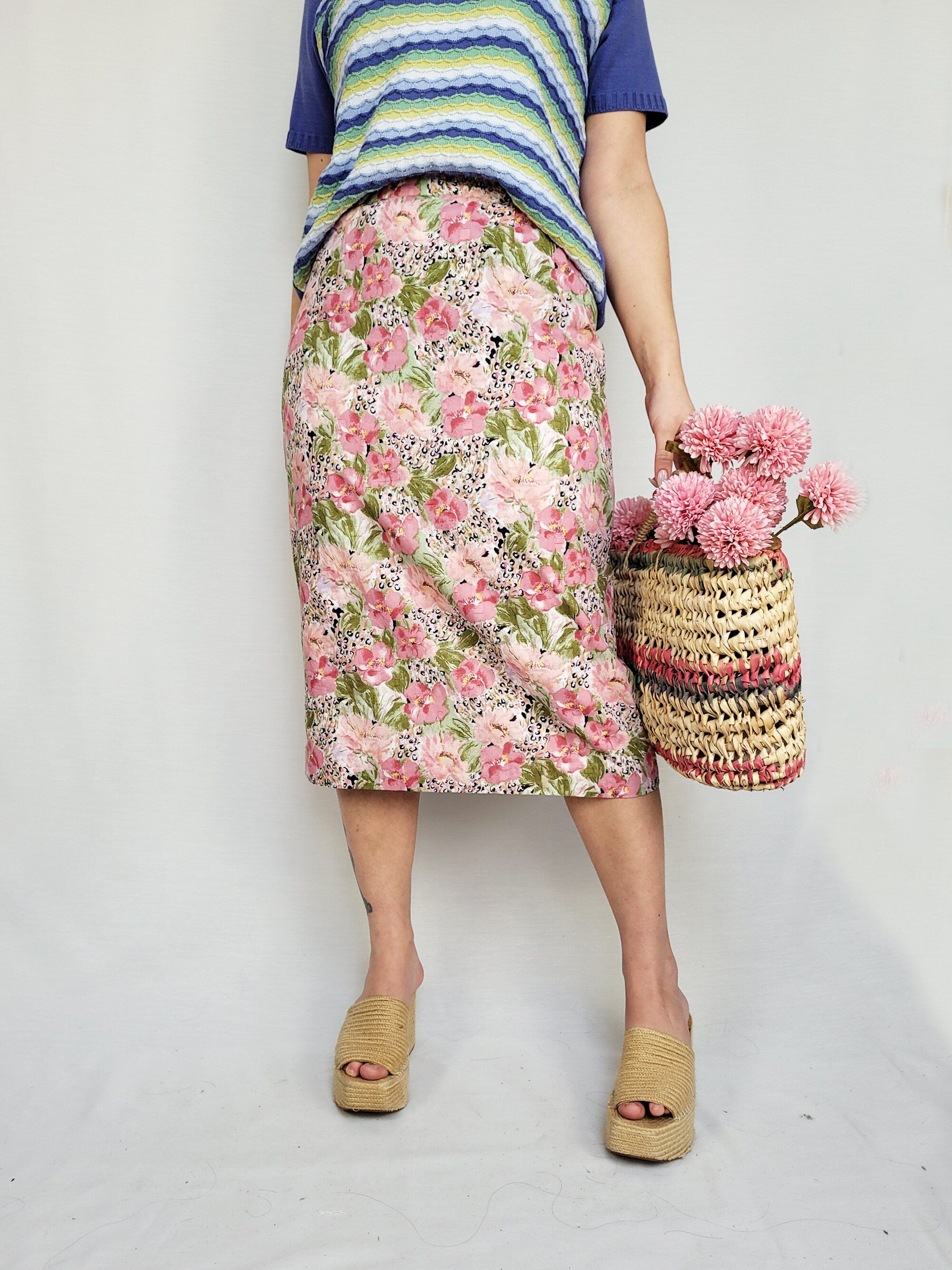 Vintage 80s pastel floral midi pencil skirt