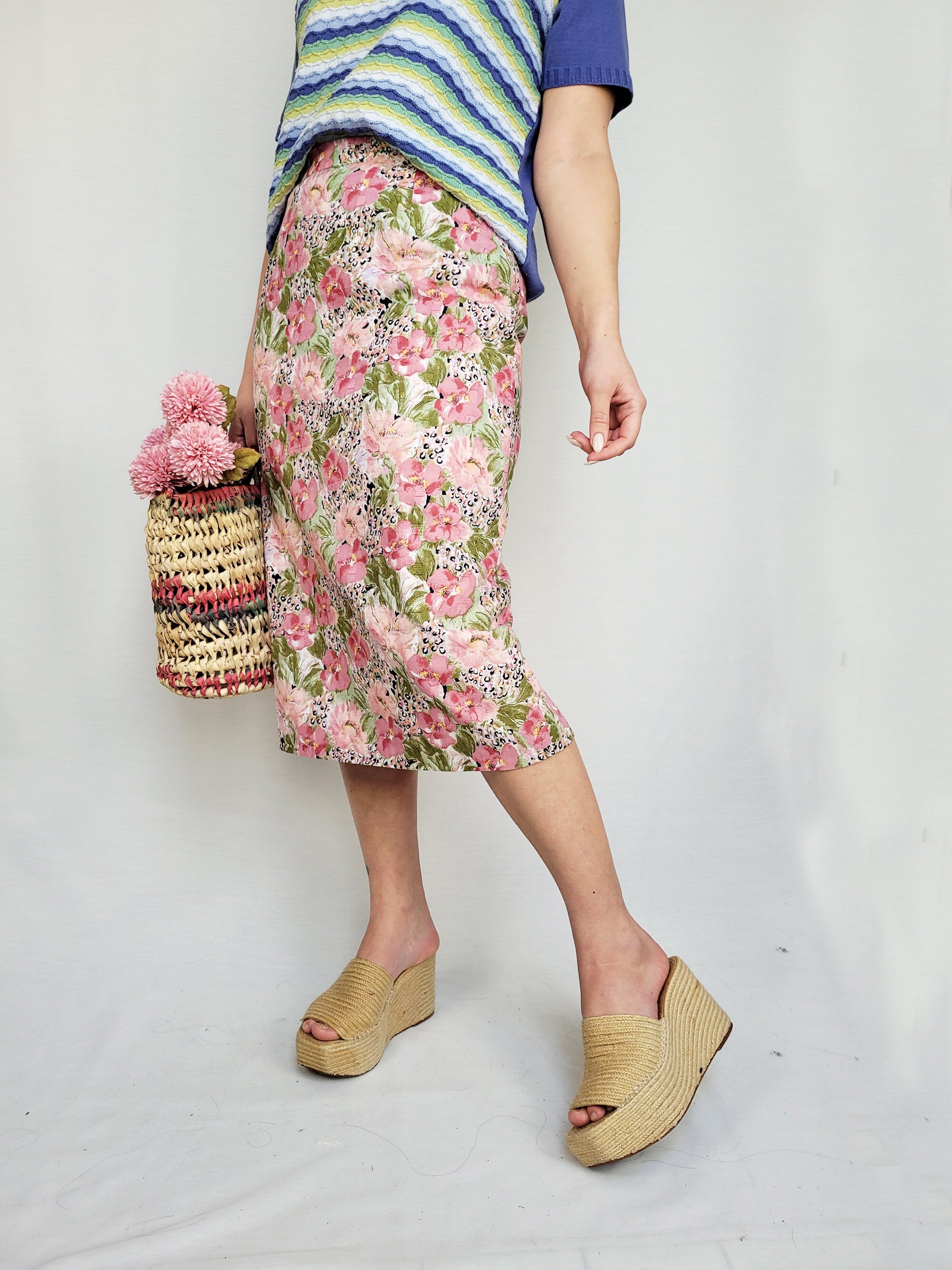 Vintage 80s pastel floral midi pencil skirt