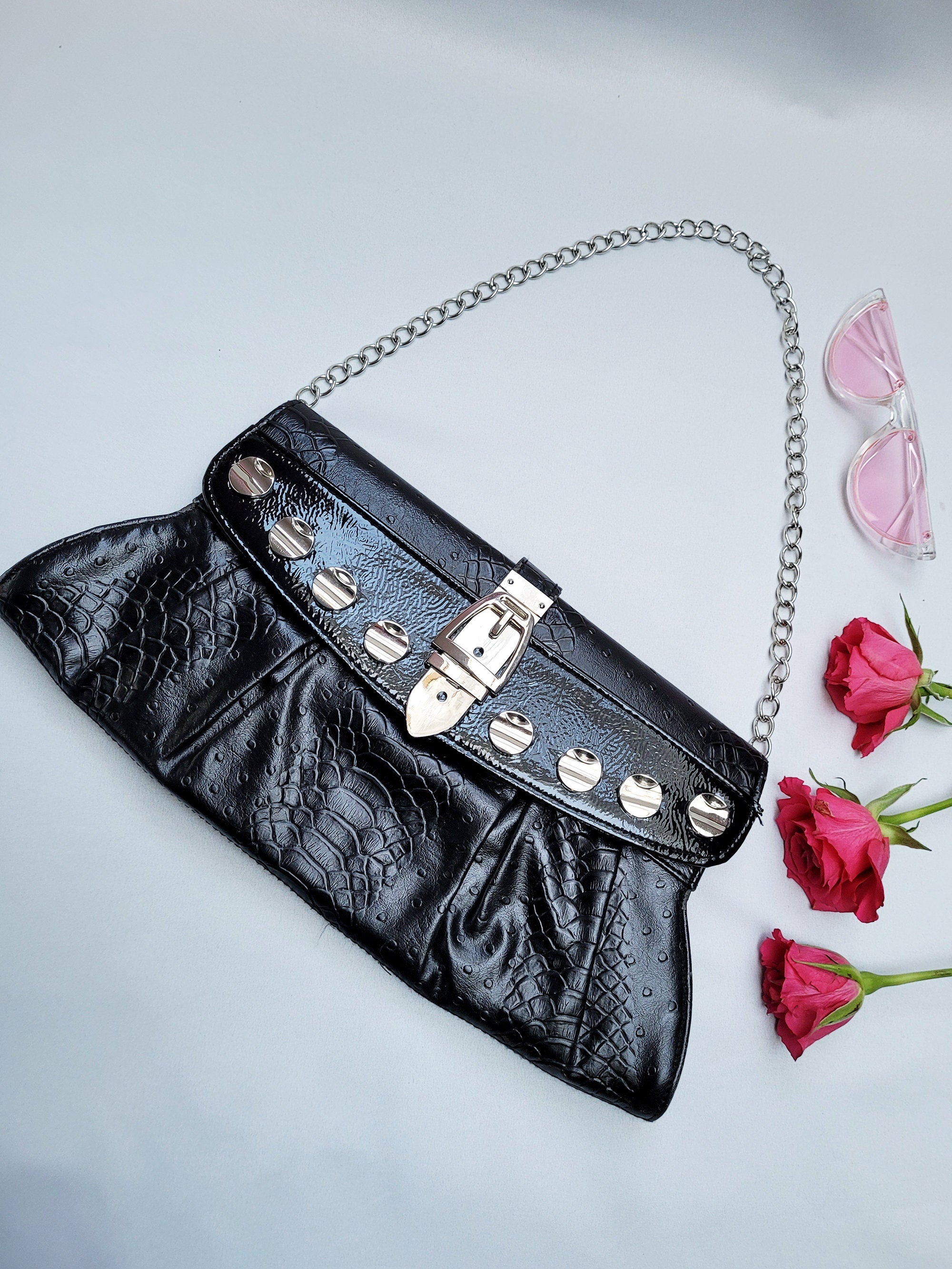 Y2K silver flower PU leather mini bag