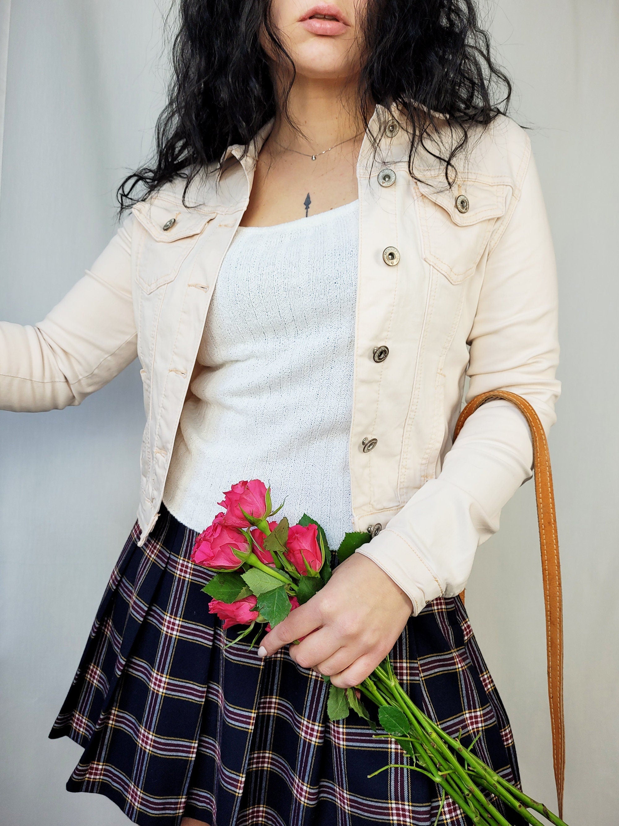 Vintage 00s light pastel pink jeans button down jacket