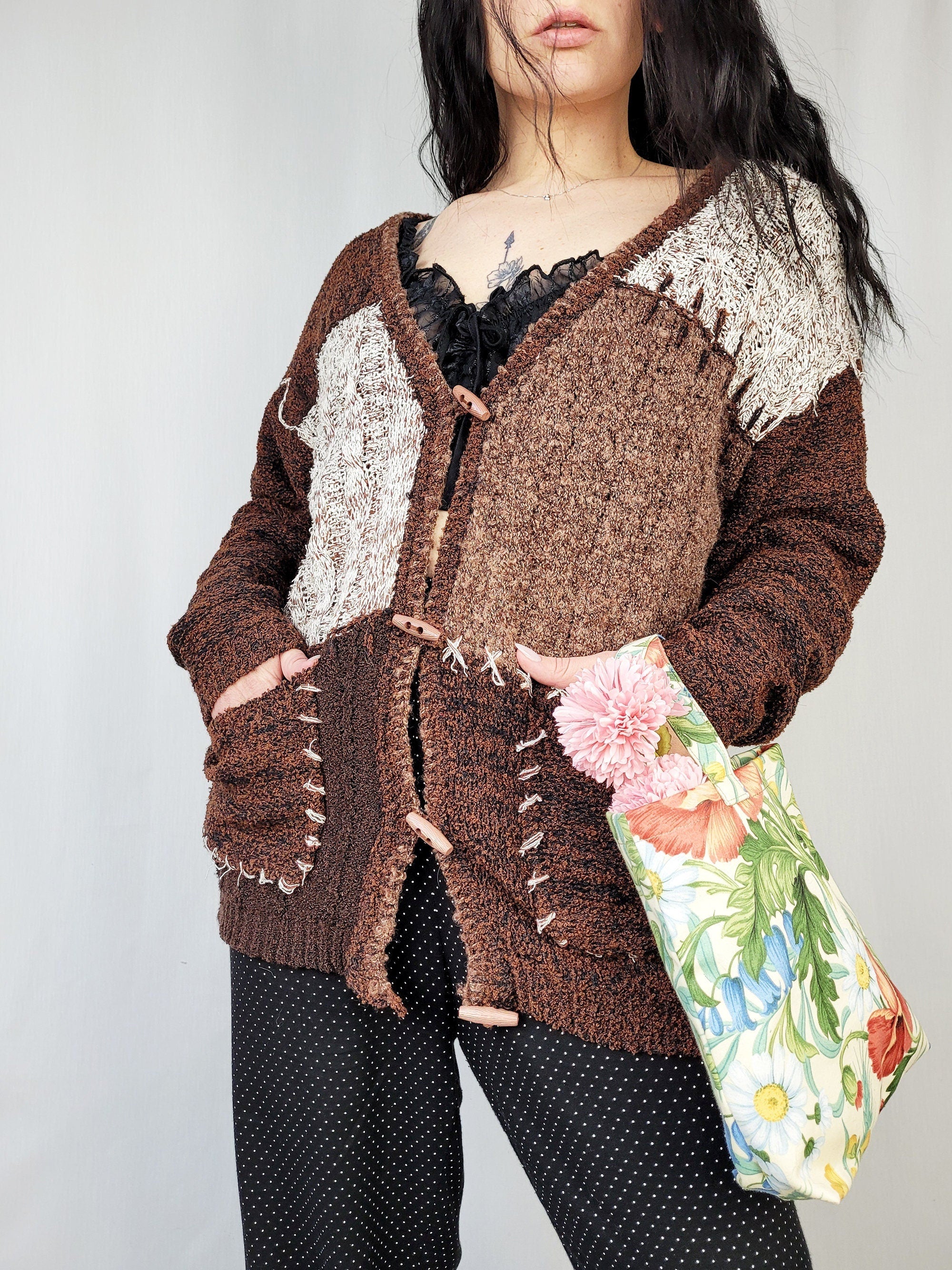 Vintage 90s brown abstract print oversize cardigan