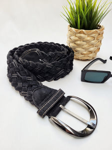 Vintage 90s black faux suede woven wide belt