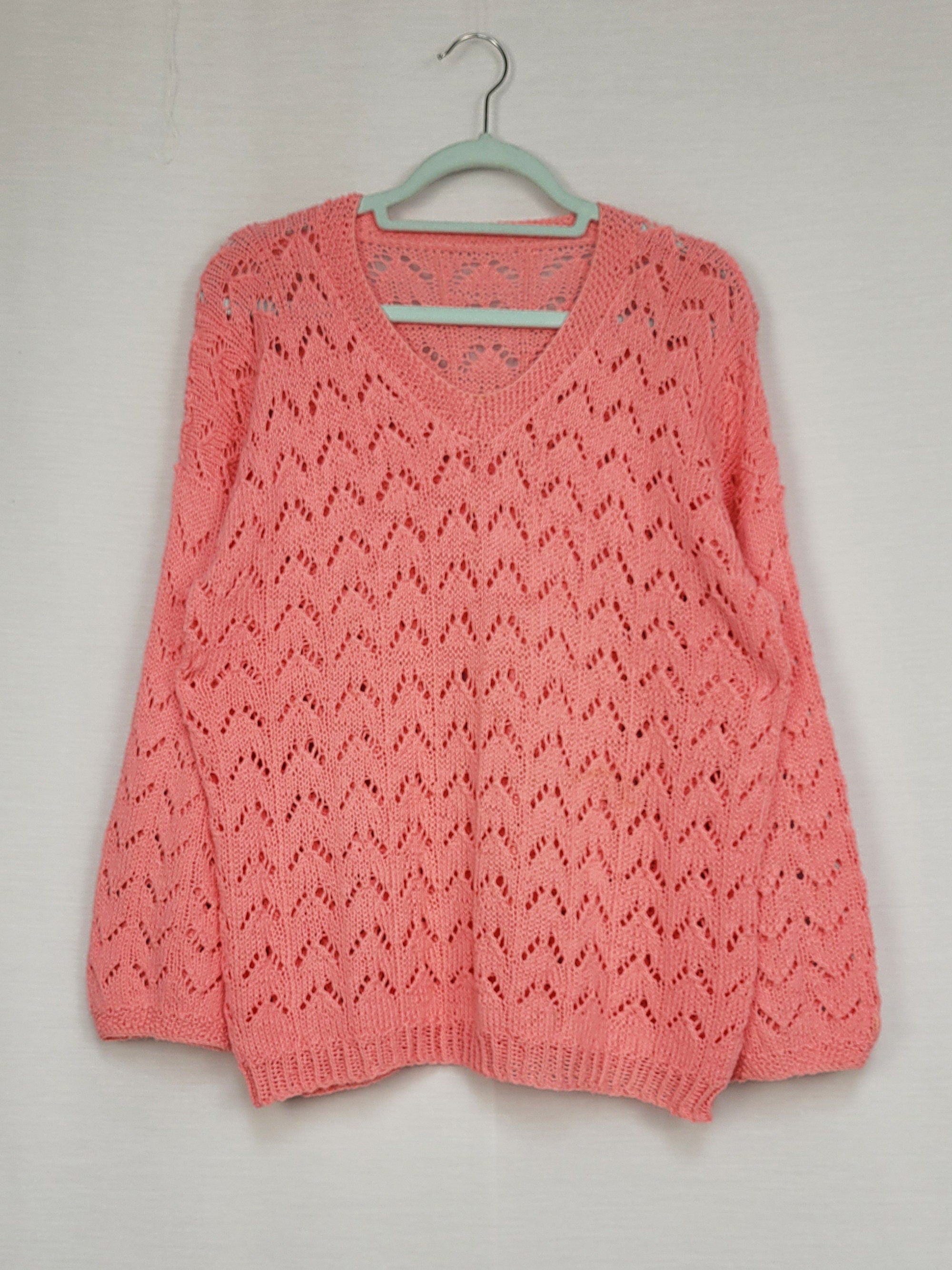 Vintage 90s handmade cable knit sheer pink sweater