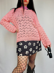 Vintage 90s handmade cable knit sheer pink sweater