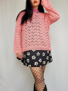 Vintage 90s handmade cable knit sheer pink sweater