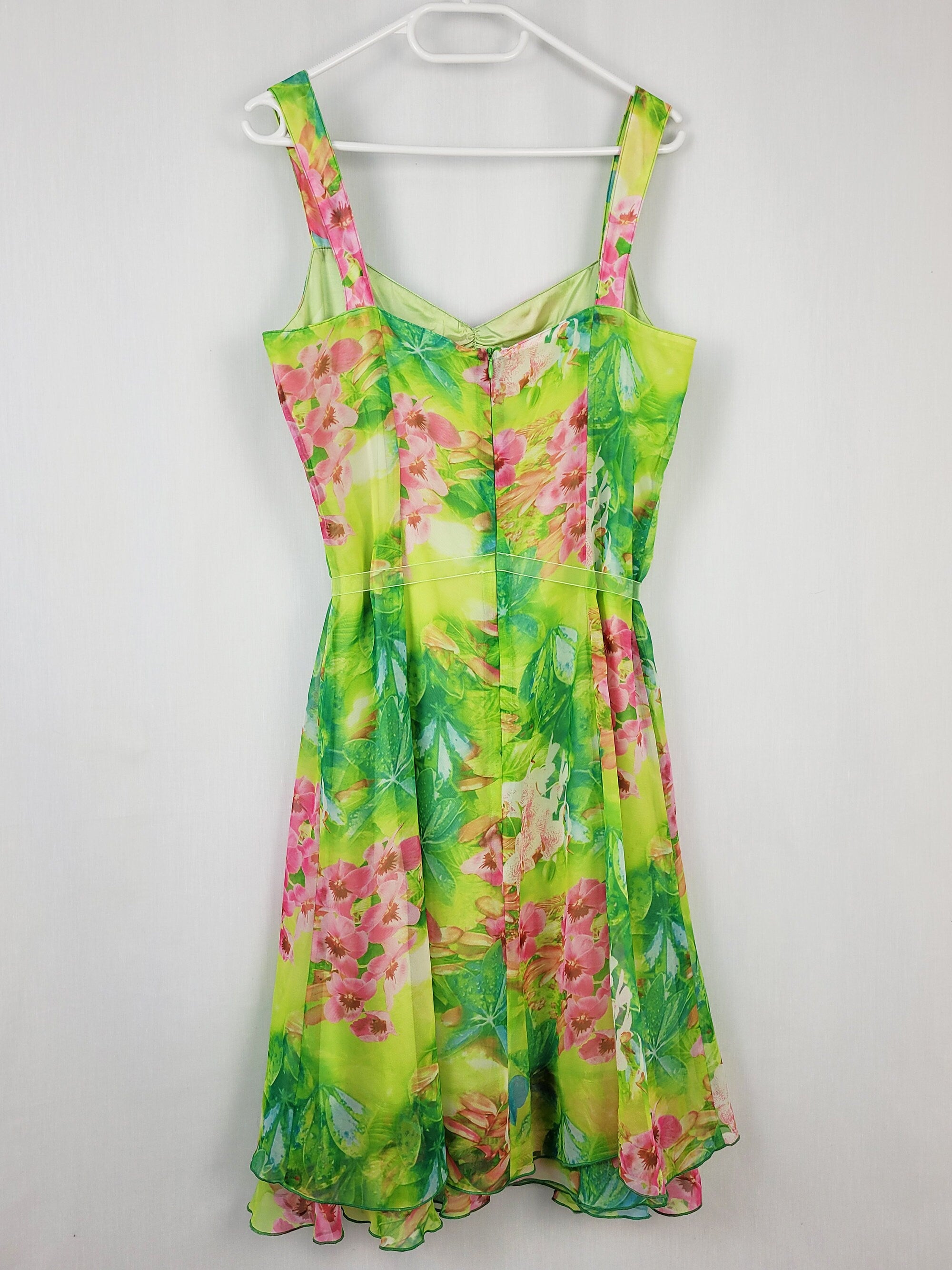 Vintage 90s green colorful floral chiffon summer slip dress