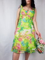 Load image into Gallery viewer, Vintage 90s green colorful floral chiffon summer slip dress
