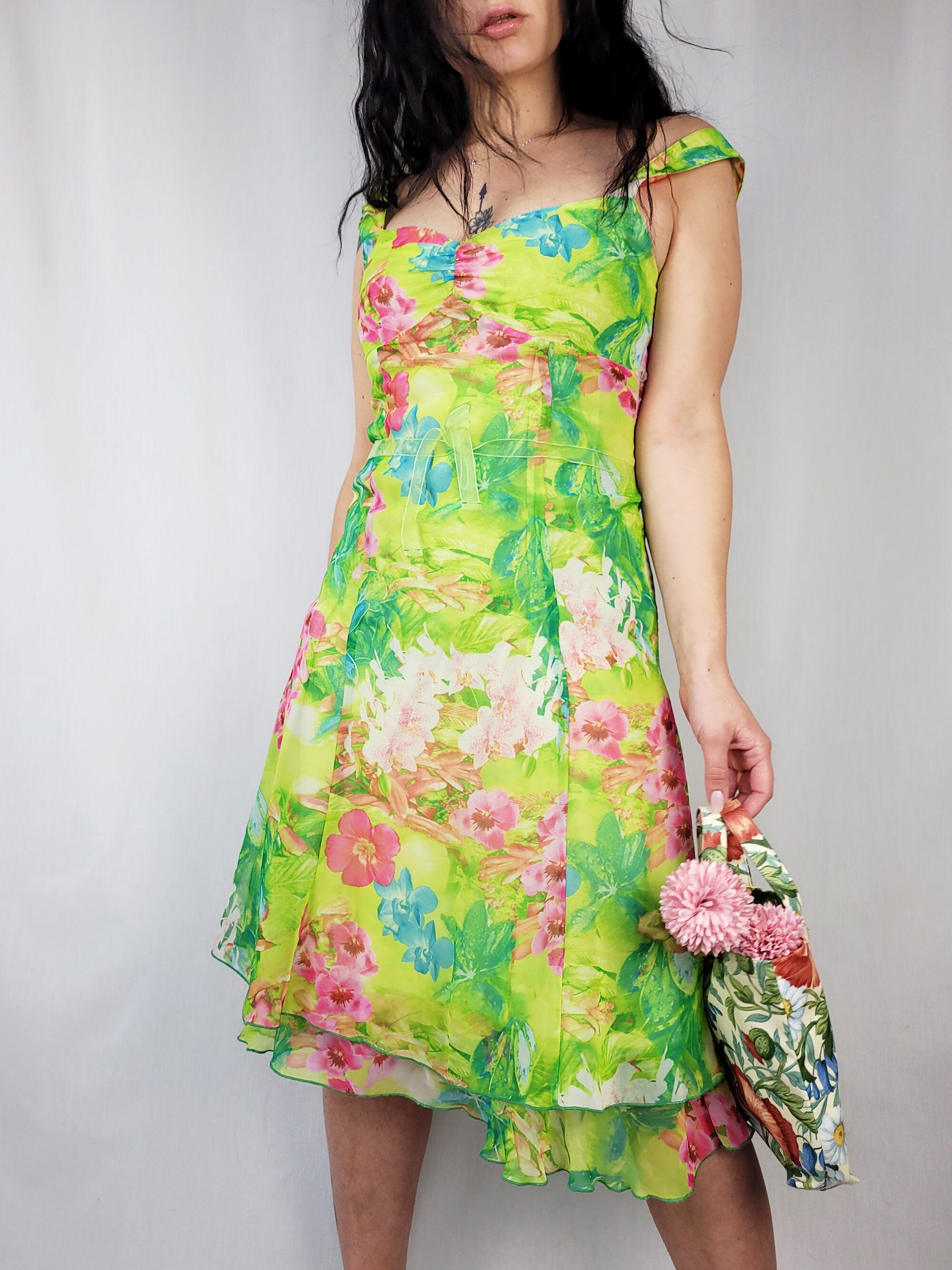 Vintage 90s green colorful floral chiffon summer slip dress