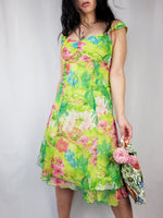 Load image into Gallery viewer, Vintage 90s green colorful floral chiffon summer slip dress
