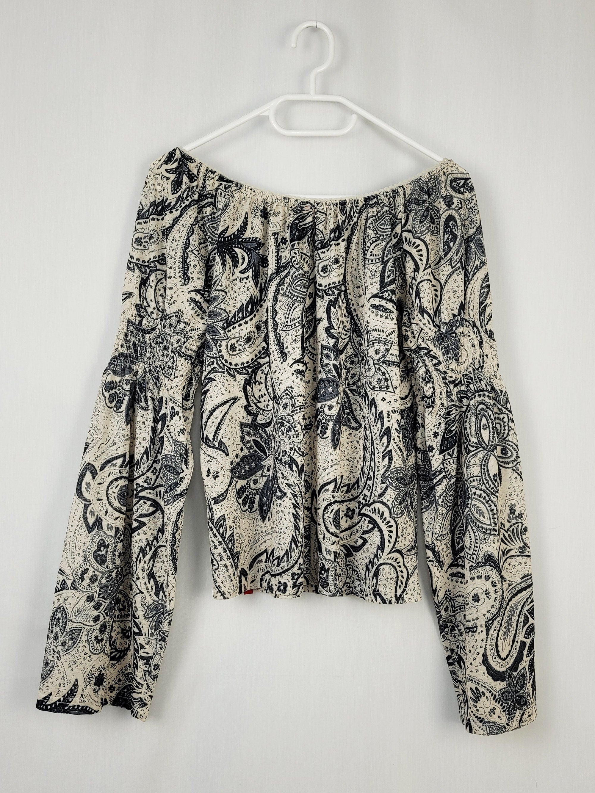 Vintage 90s grey abstract paisley print flare sleeve top