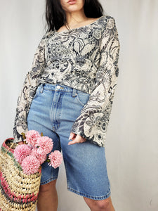 Vintage 90s grey abstract paisley print flare sleeve top