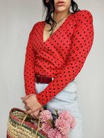 Load image into Gallery viewer, Vintage 90s red polka dot wrap blouse top
