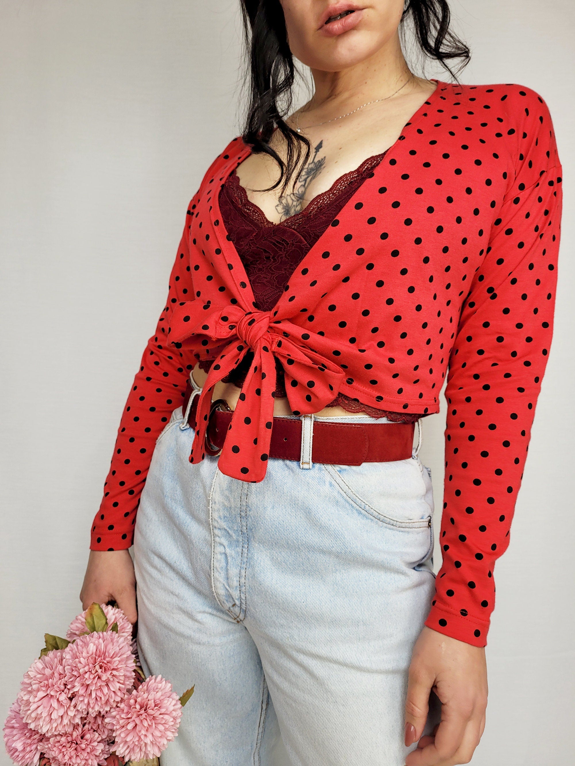 Vintage 90s red polka dot wrap blouse top