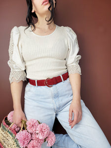 Vintage 90s beige knit milkmaid puff sleeve top blouse