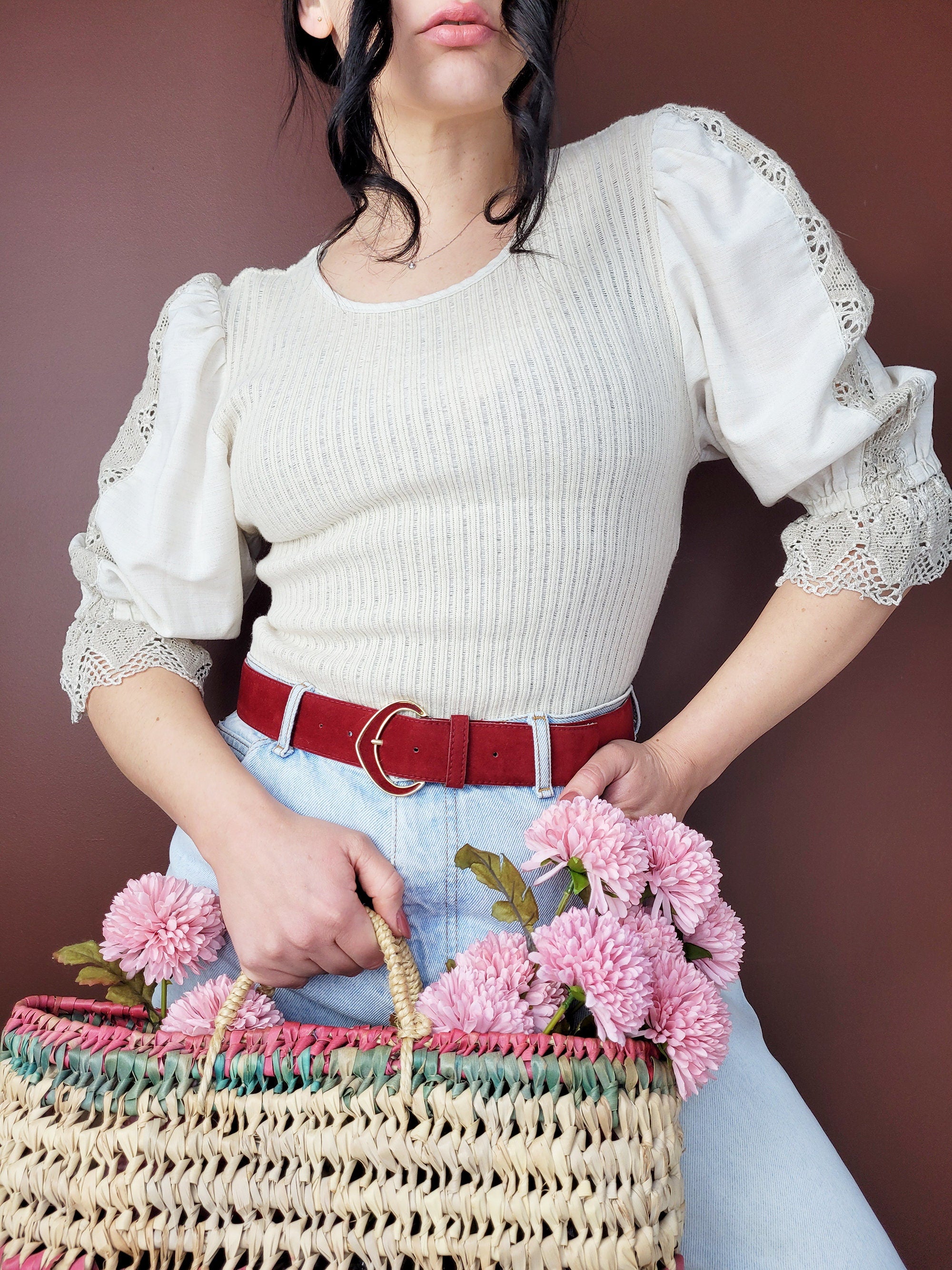 Vintage 90s beige knit milkmaid puff sleeve top blouse