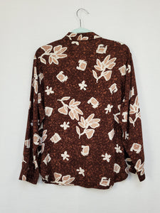 Vintage 80s brown floral long sleeve minimalist shirt blouse